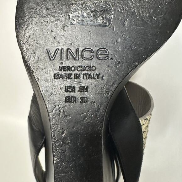VINCE Kyra Snake Embossed Leather Wedge Sandals Black White Sz 8 39 - Picture 9 of 9